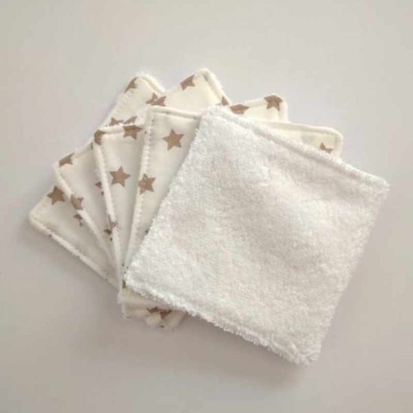 Lingettes lavables blanc étoiles beiges 100% coton
